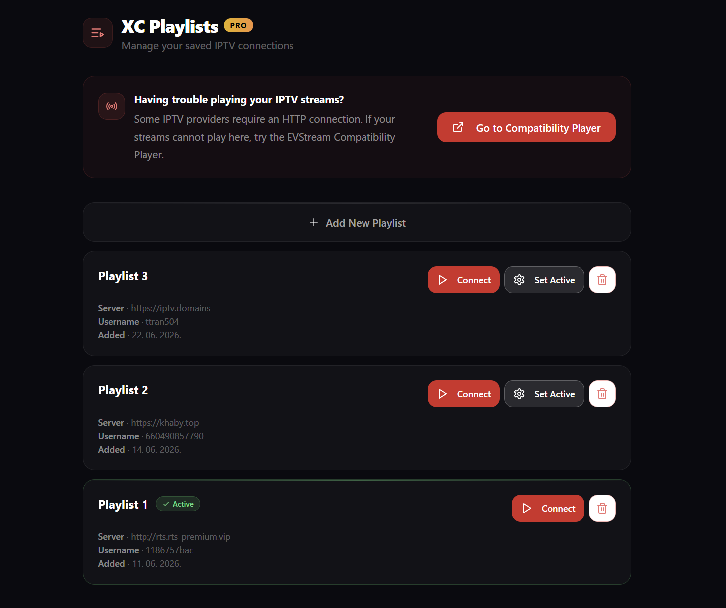 EVStream saved IPTV playlists screen