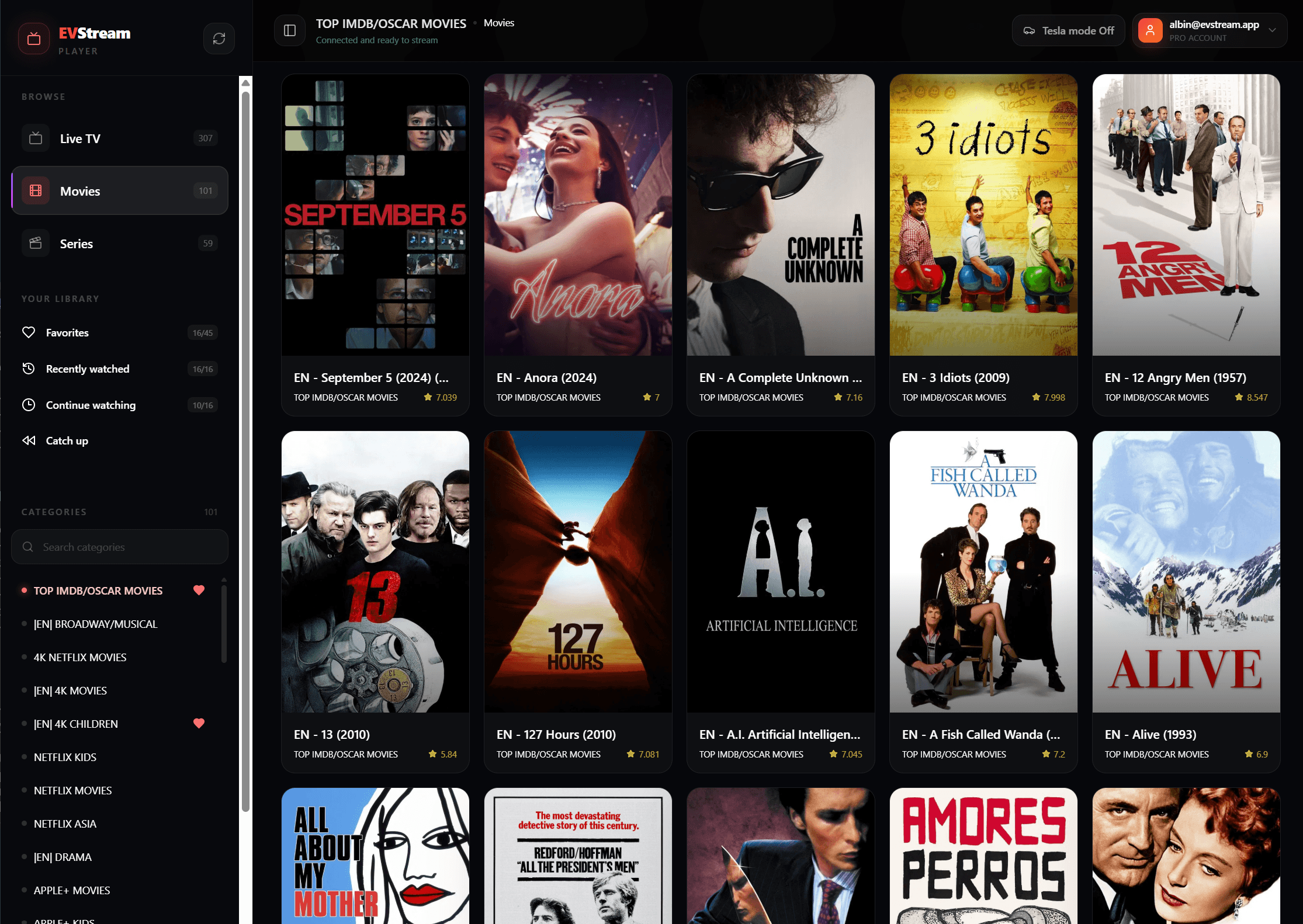 EVStream player dashboard