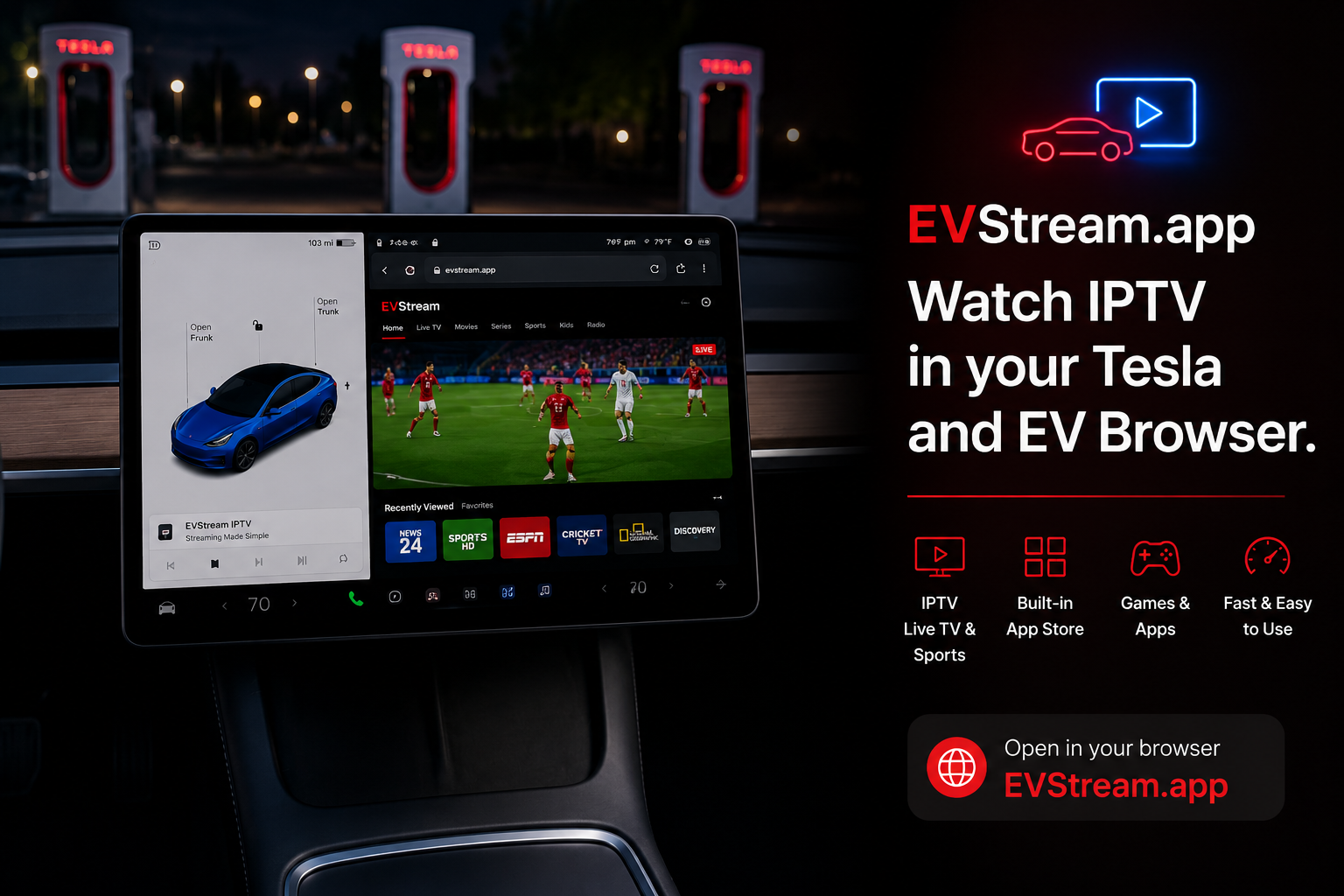 EVStream.app IPTV running in a Tesla browser at a Supercharger